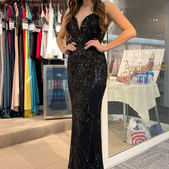 NEW BLACK Spaghetti Strap Sequined Mermaid EVENING FORMAL WEDDING Dress AC791 - Picture 7 of 9